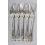 A SET OF FIVE VICTORIAN SILVER DESSERT FORKS, John Aldwinckle and Thomas Slate, London 1889,