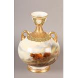 A ROYAL WORCESTER TWO HANDLED VASE, signed John Stinton and painted with highland cattle in a