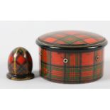 A VICTORIAN TARTAN WARE (STURT) DRUM THREAD BOX, fitted with seven wooden bobbins each on a peg,