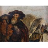 19TH CENTURY EUROPEAN SCHOOL, bearded man wearing a hat and heavy cloak, half portrait, looking over