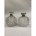 TWO GLOBULAR HOB NAIL CUT GLASS SCENT BOTTLES with silver collars and detachable tops, Birmingham