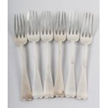 A SET OF SIX GEORGE III SILVER DINNER FORKS, Samuel Hougham, London 1801 & 1802, engraved