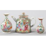 A 19TH CENTURY FAMILLE ROSE INDIVIDUAL TEAPOT the bell shaped body painted with figures on a terrace