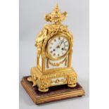 A 19TH CENTURY FRENCH ORMOLU STRIKE CLOCK, with white marble dial and panels, pendulum movement