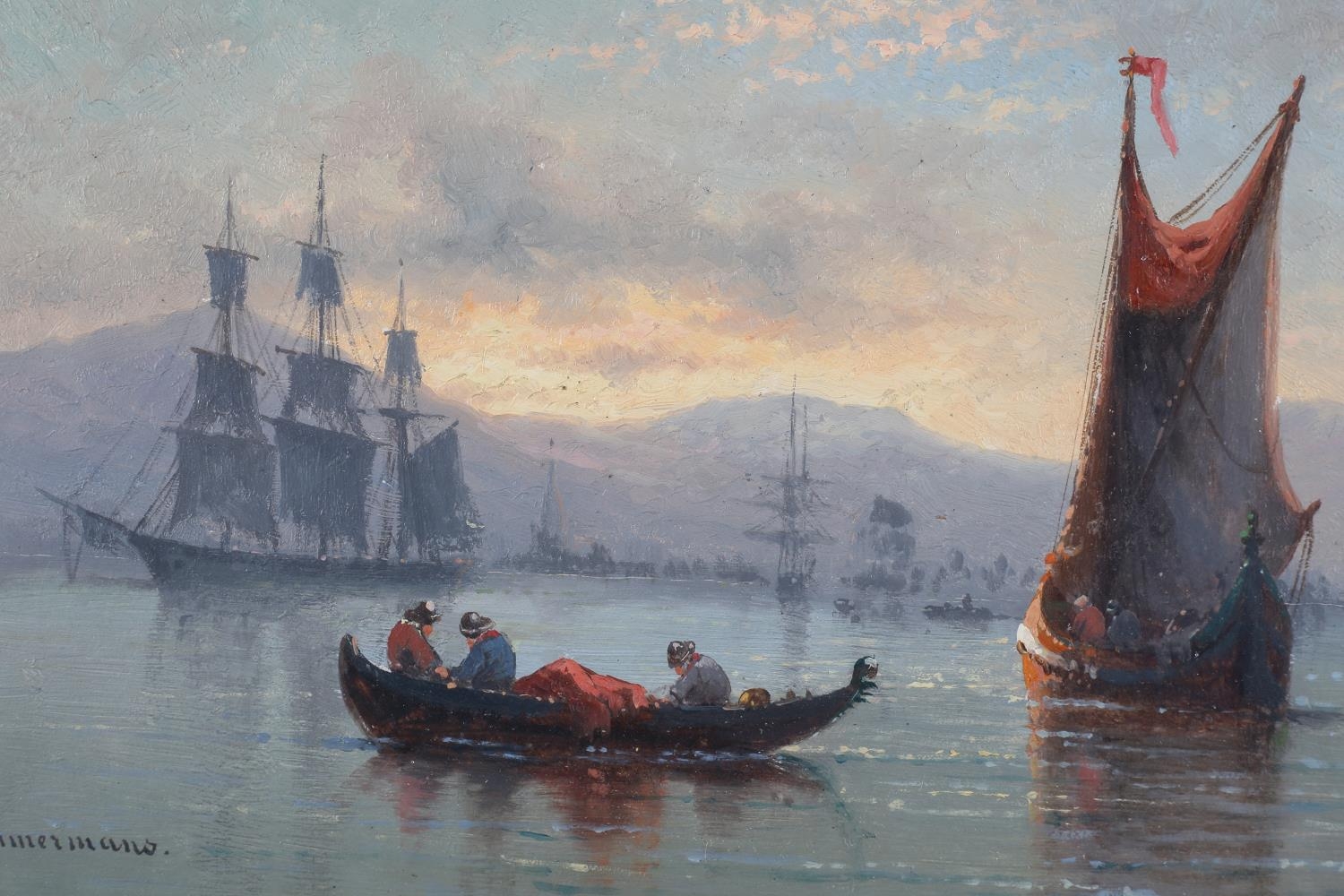 LOUIS ETIENNE TIMMERMANS (Belgium 1846-1910), First light, shipping off the Italian coast, oil on - Image 3 of 4