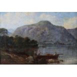 CHARLES H WESTMACOTT, Rydal Water, figures in a rowing boat at the edge of the lake, oil on