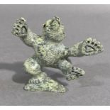 Inuit Carving - Dancing Bear by Pootoogook Jaw, Cape Dorset 2014, mottled green stone, 9cm high,
