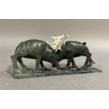 Inuit Carving - Duelling Caribou by Papinak Petaulussie 2015 detachable bone antlers, dark grey/