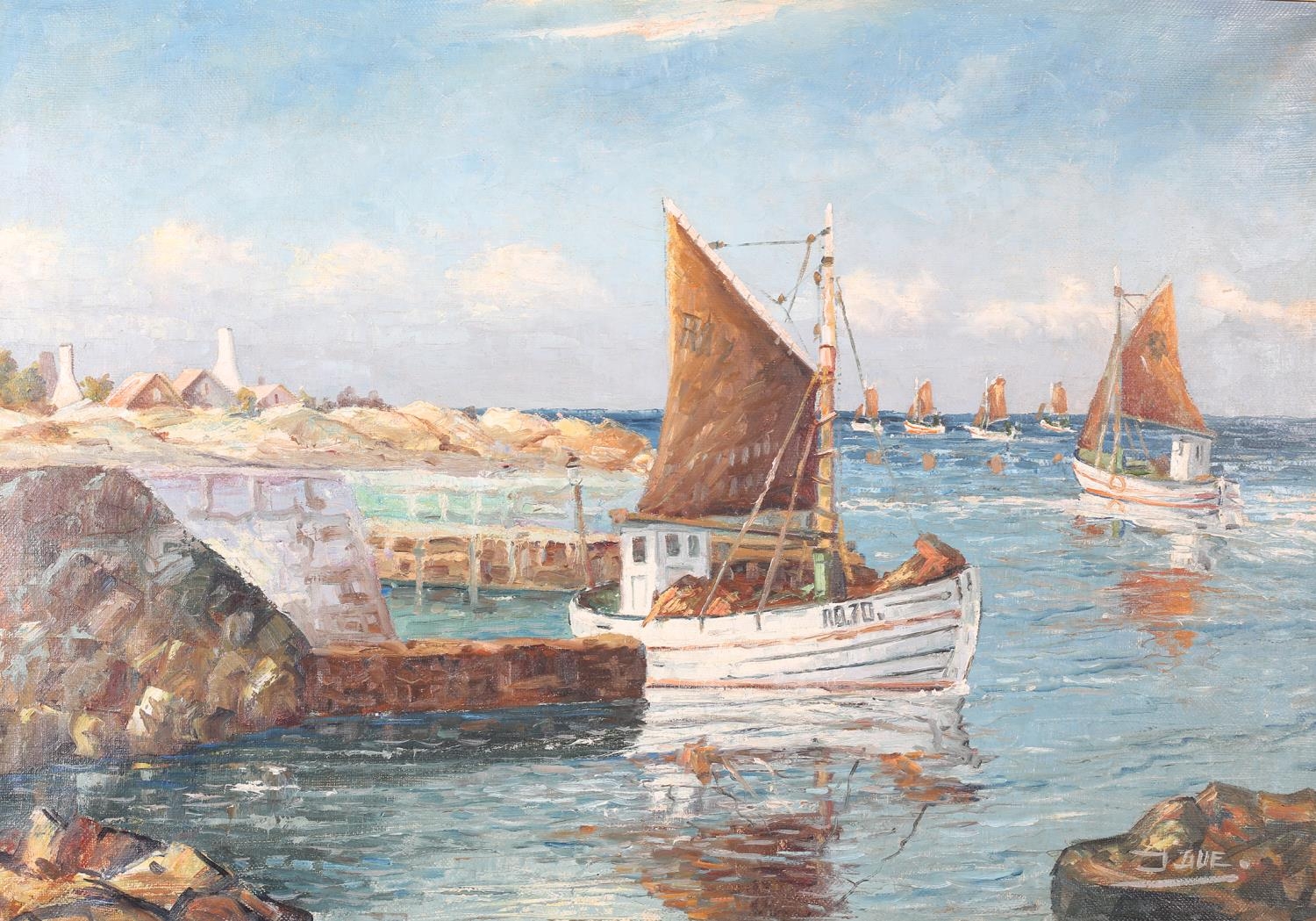 J*ue mid-20th century, Danish, Danish coastal scene with fishing boats heading out to sea, oil on