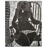 ARR After Mike Grevatte (b.1943), Jenny on Windsor Chair, woodcut, monochrome, limited edition 5/20,