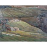 ARR Mary Ann Lord (b.1931), February Lambings, Dales landscape with farmsteads and sheep, oil on
