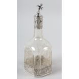 A silver mounted and etched glass liqueur decanter, rectangular canted form, London import mark