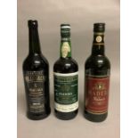 Three bottles Marsala and Madeira, Pellegrino Marsala, D'Oliveras Bual Madeira (Sediment), Vasco's