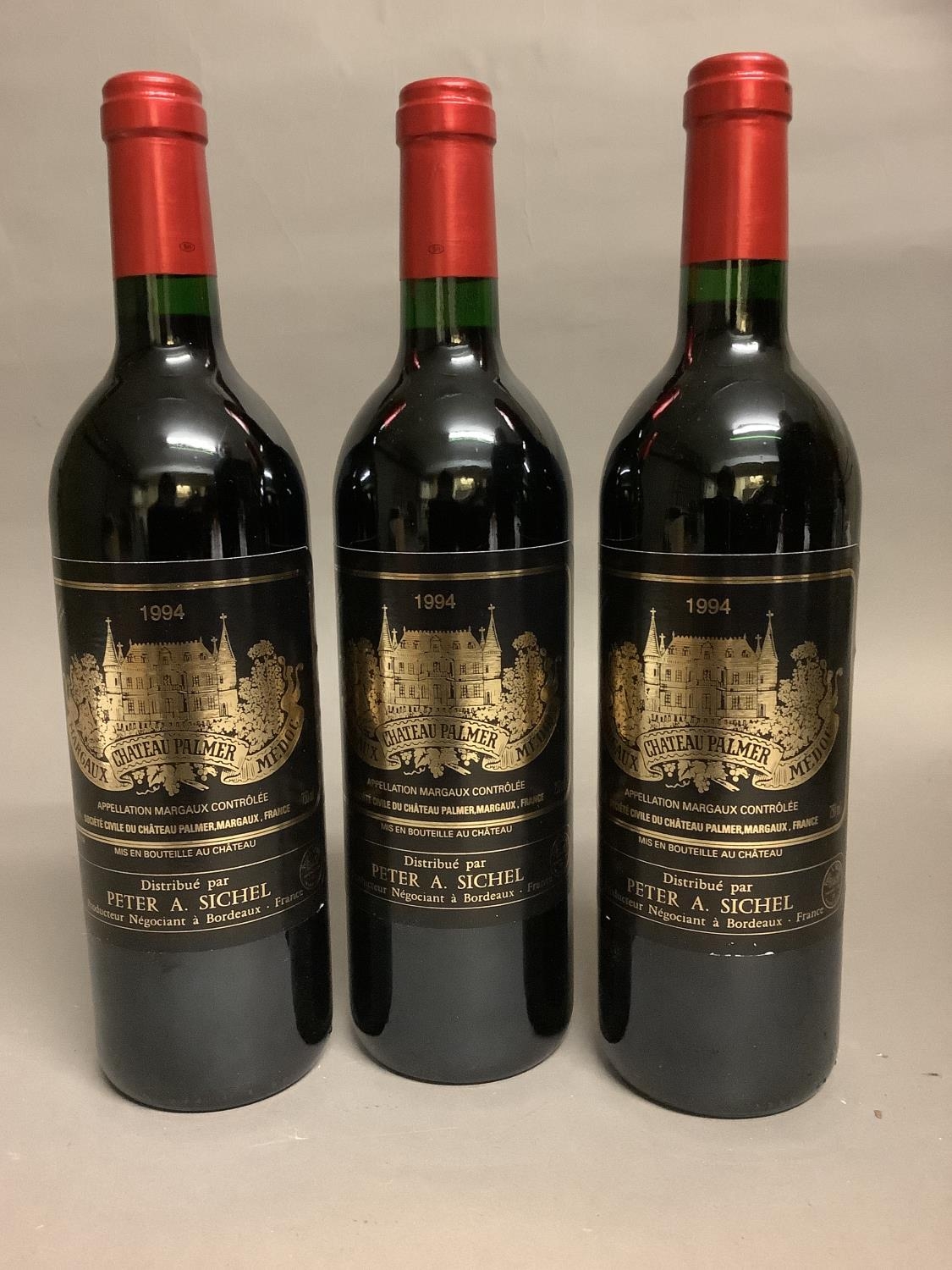 Three bottles, Chateau Palmer 1994 Cru Classe Margaux, 12.5% vol, good level mid neck