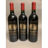 Three bottles, Chateau Palmer 1994 Cru Classe Margaux, 12.5% vol, good level mid neck