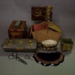 19th century sewing accessories, to include a tall wood pin box with cushion to the top, star