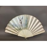 A late 19th century bone fan, the monture quite plain, the double leaf of cream silk backed with