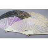 Four late Victorian/Edwardian fans, summer colours and weight, one with a gauze leaf painted with