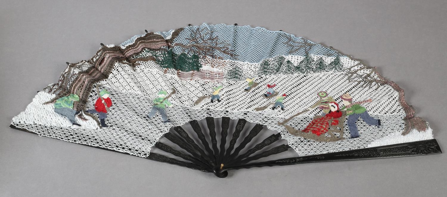 Ann Collier: A large and unique handmade lace fan leaf created by Ann Collier, 20th century, the