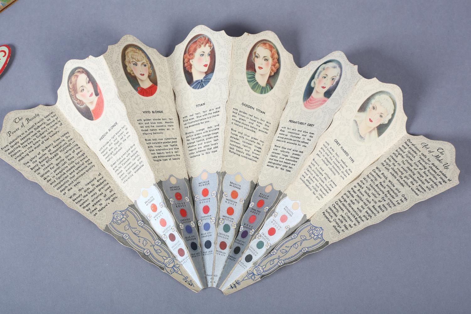 A scarce 1930’s folding cosmetic advertising fan for “Du Barry, Symbol of Beauty” by Richard Hudnut, - Image 3 of 3