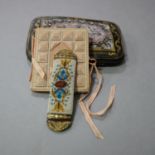 19th century beadwork and leather case with compartments, latterly used for the storage of tatting