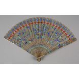 A Chinese Qing dynasty filigree silver gilt metal brisé fan, painted in vibrant green and blue