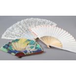 A mixed lot of fans, with interesting examples and items for repair and spares: a small painted silk