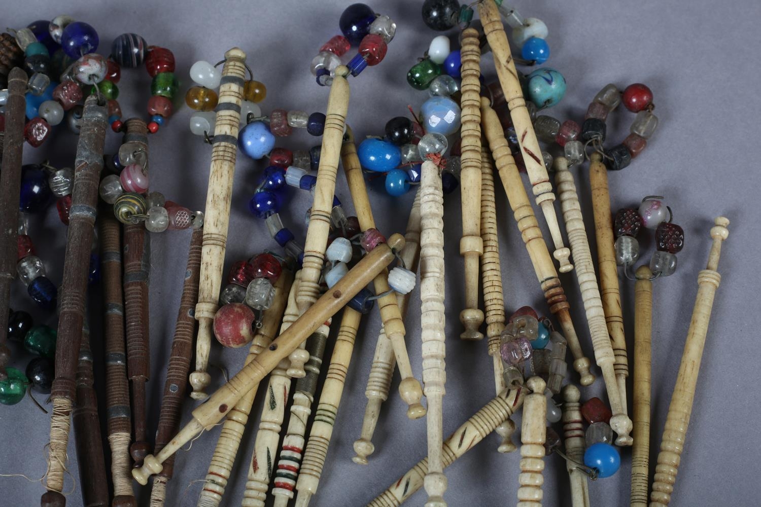 Lace bobbins, a quantity, a mix of turned wood with and without spangles, several with wire - Image 3 of 3