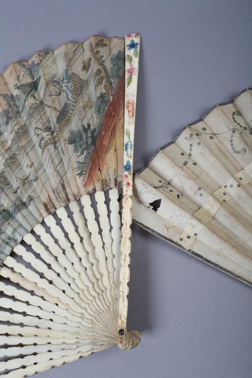 An 18th century bone fan, the upper guards painted in chinoiserie fashion, the sticks carved as to - Image 3 of 8
