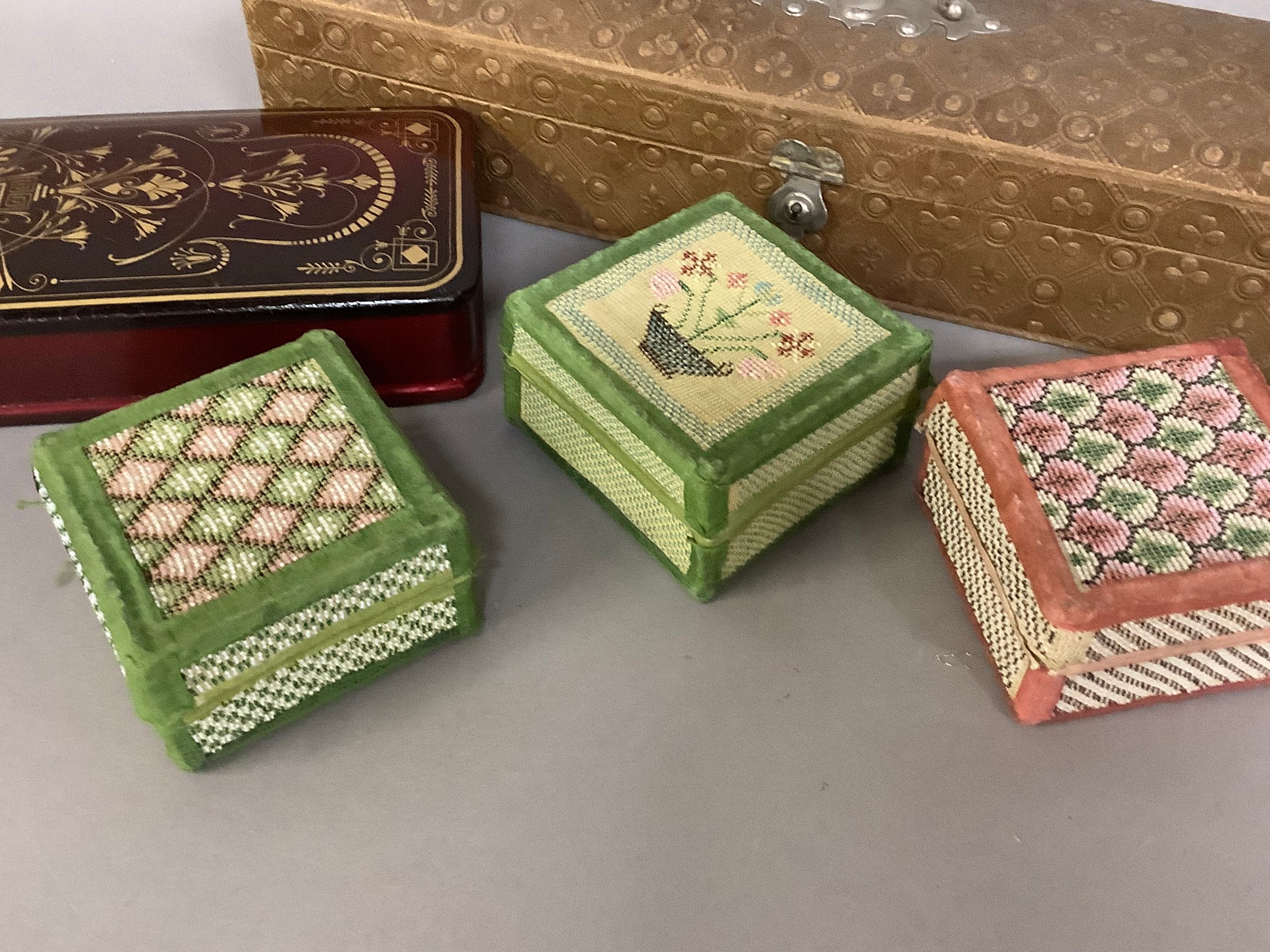 Two glove boxes, or for use as fan boxes, the first in pale brown leather embossed in a lattice - Image 2 of 3