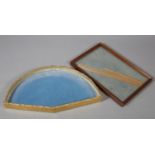Two empty glazed cases for fans, the first fan shaped, with turquoise velvet backing, decorative