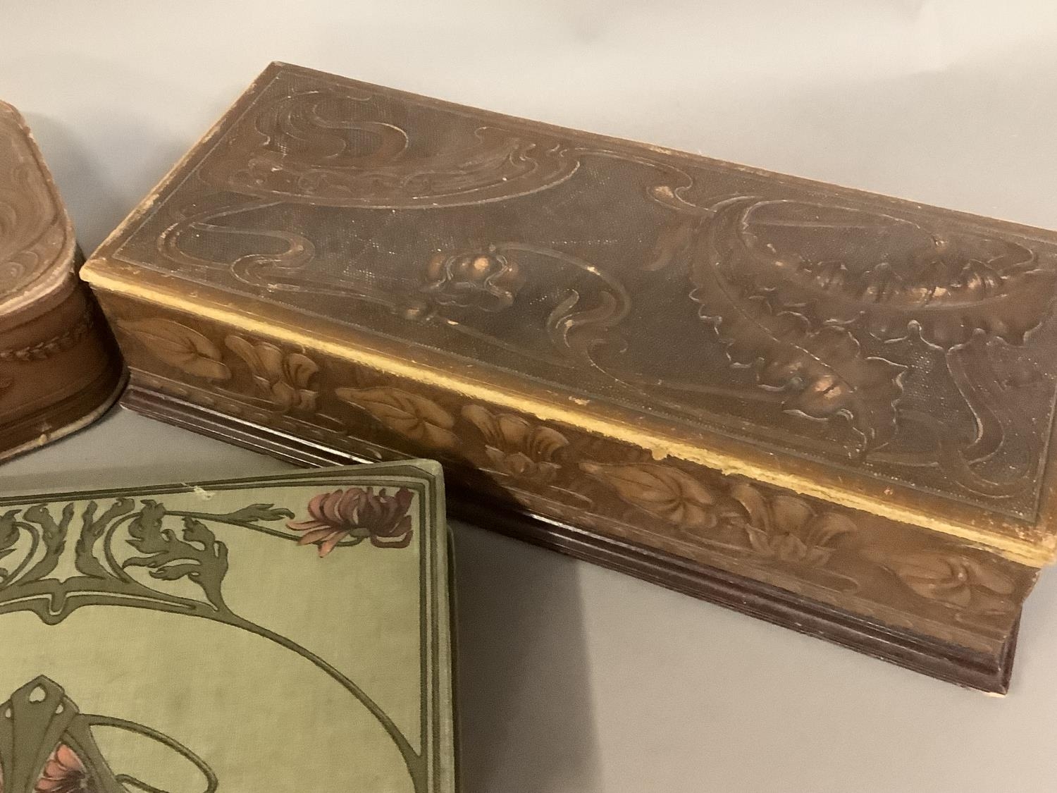 Three Art Nouveau glove or fan boxes, two fairly large, top and sides of brown embossed leather, - Image 4 of 5