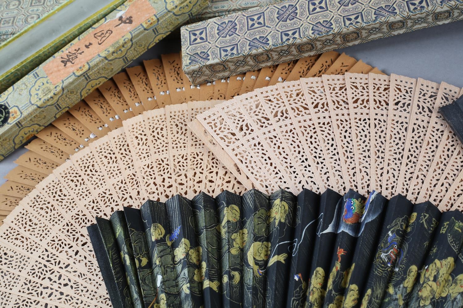 The Peking Opera: Eight 20th century Chinese fans, five of which are contained in brocade covered - Image 6 of 6