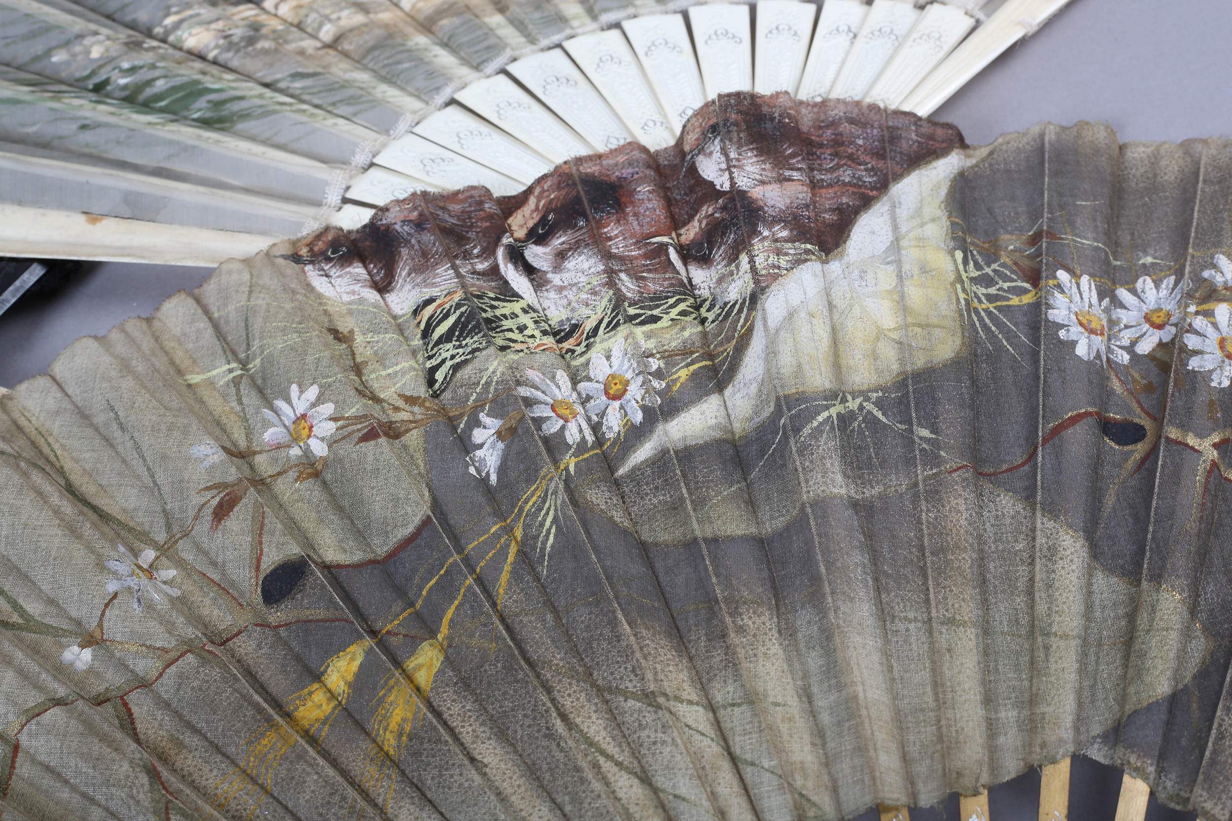 Five large fans c 1890’s, the first of owls in flight, accompanied by smaller birds, the cream gauze - Image 3 of 6