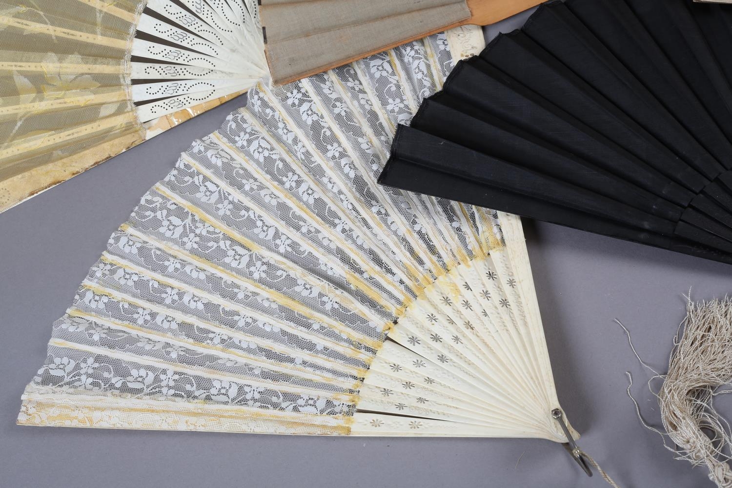 Seven late 19th century fans of large size, the first with wood monture painted gold, and - Image 2 of 5
