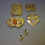 Good Early 1900’s gold metal buckles, very stylized, four pairs, one single, set with stones, mostly