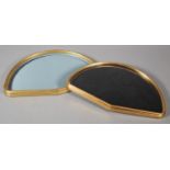 Two empty glazed cases for fans, both fan-shaped, the first lined in black velvet, with gold wood