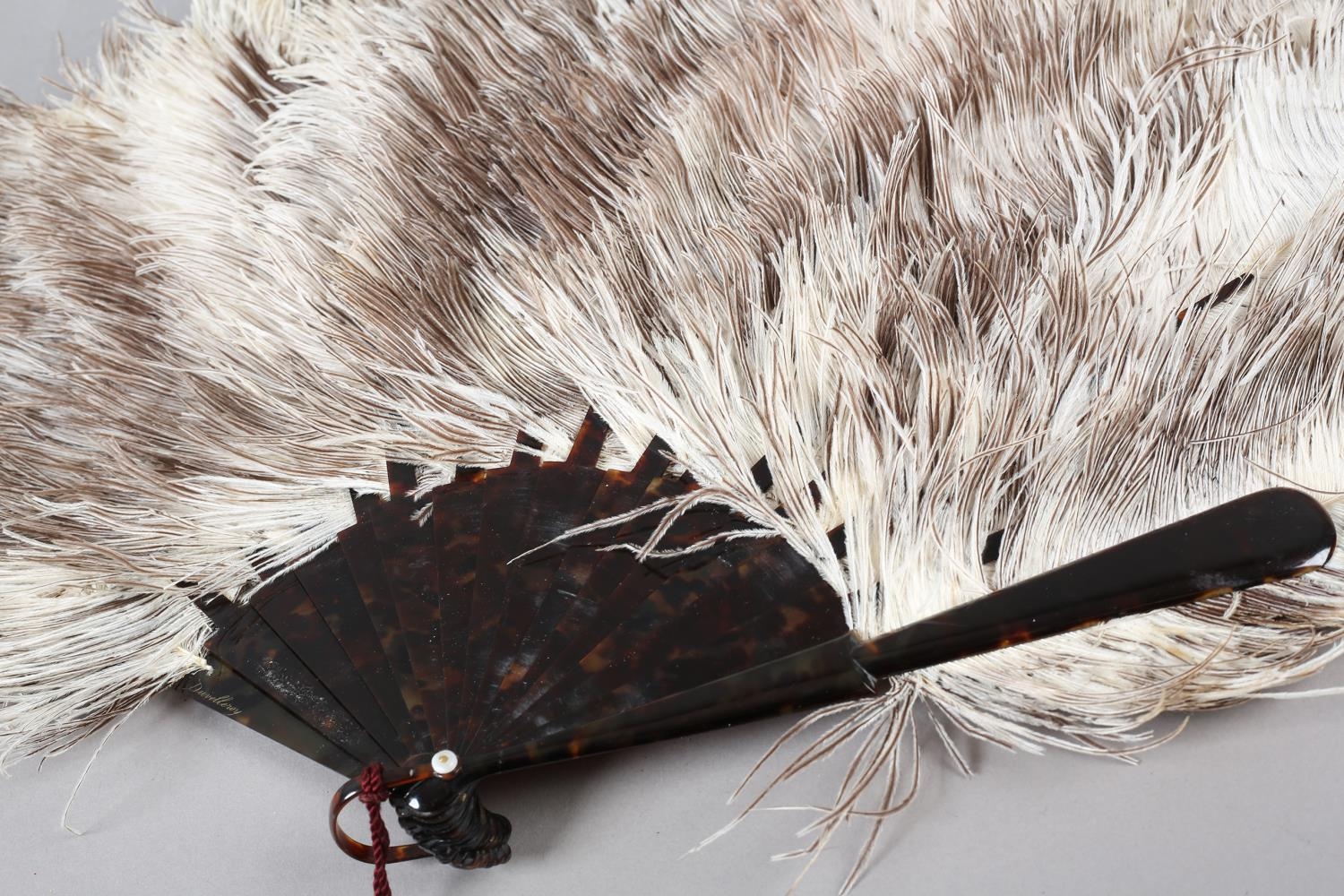 A Duvelleroy female ostrich feather fan, mounted on tortoiseshell, marked “Duvelleroy” in gold on - Image 3 of 4