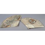 An 18th century bone fan, the upper guards painted in chinoiserie fashion, the sticks carved as to