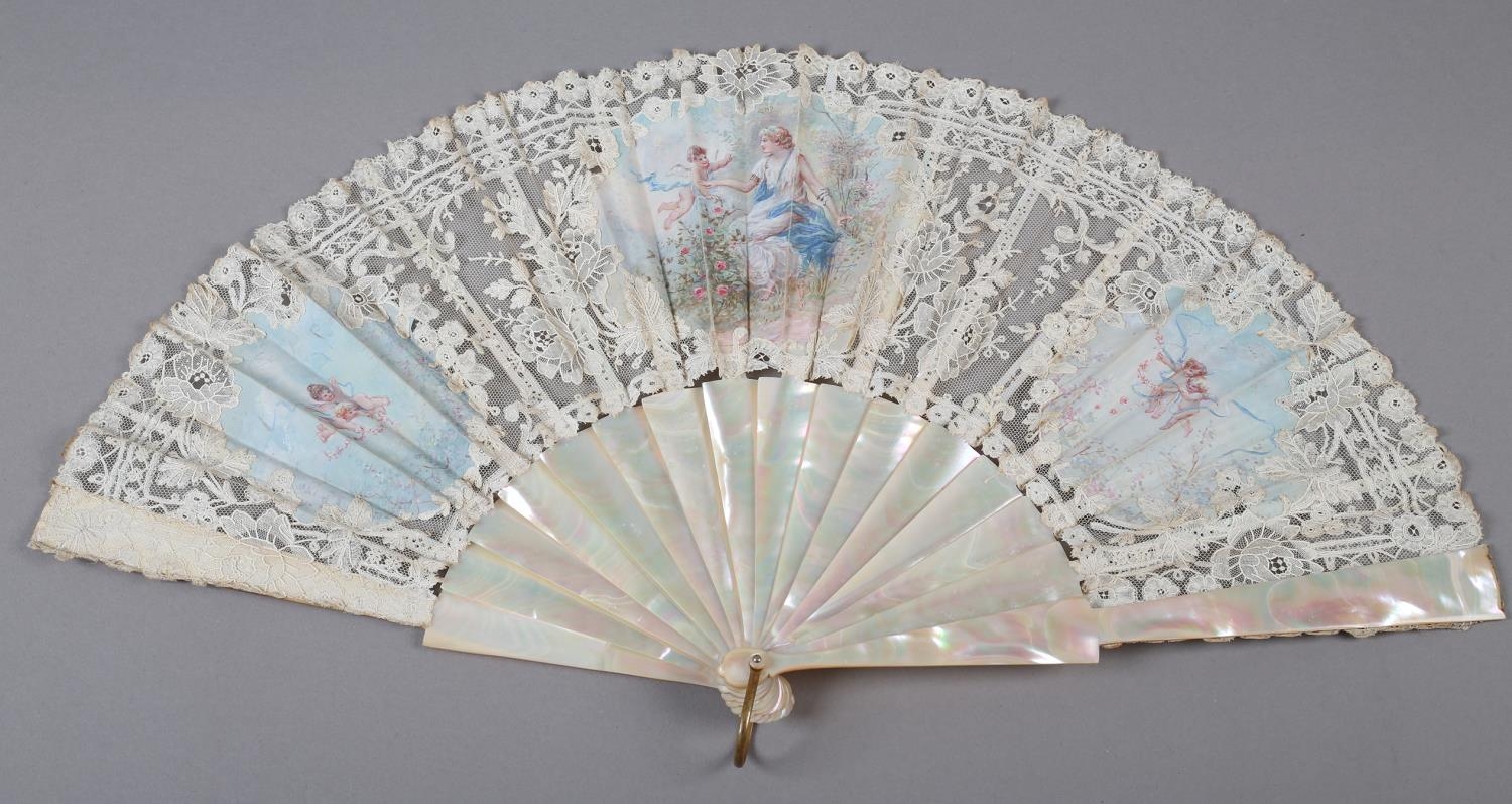 A pretty Brussels Mixed Lace fan, the leaf mounted à l’anglaise on mother of pearl, burgau,