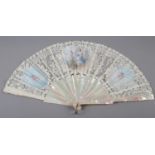 A pretty Brussels Mixed Lace fan, the leaf mounted à l’anglaise on mother of pearl, burgau,