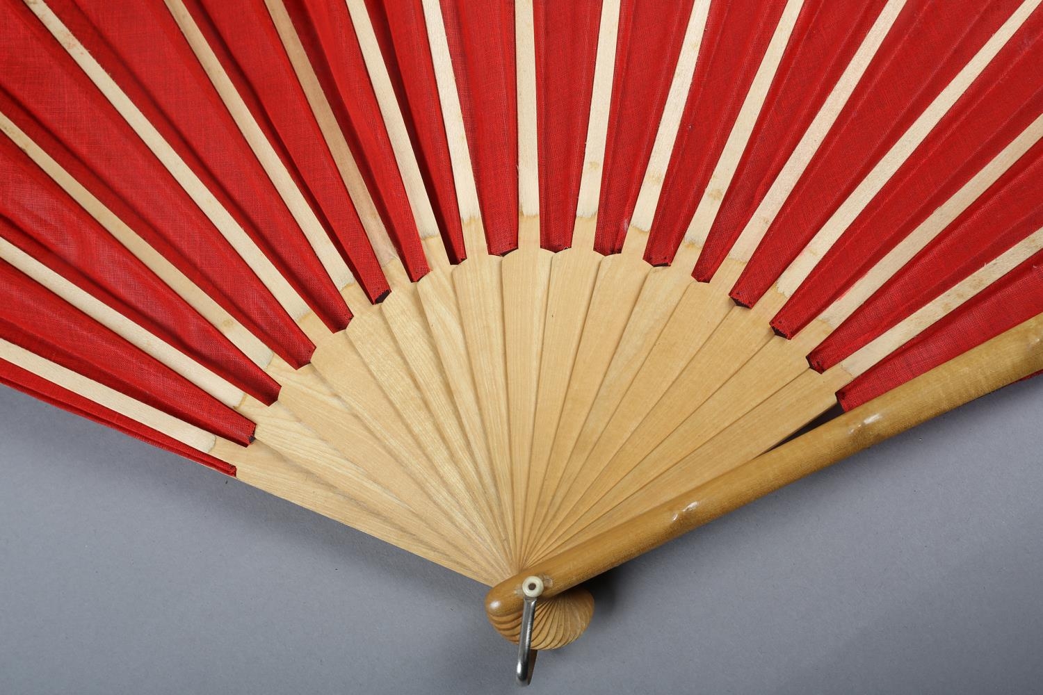 Three late 19th century fans, all with wood montures, with decorative gilding, the cerise silk leaf, - Image 3 of 6