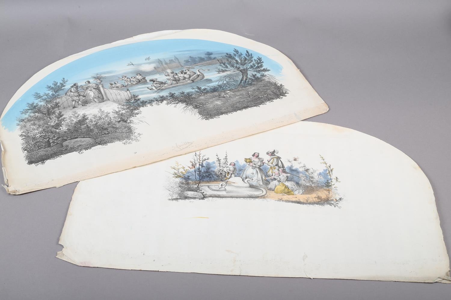 An uncut and unmounted 19th century fan leaf, French, printed in black and grey and hand coloured in