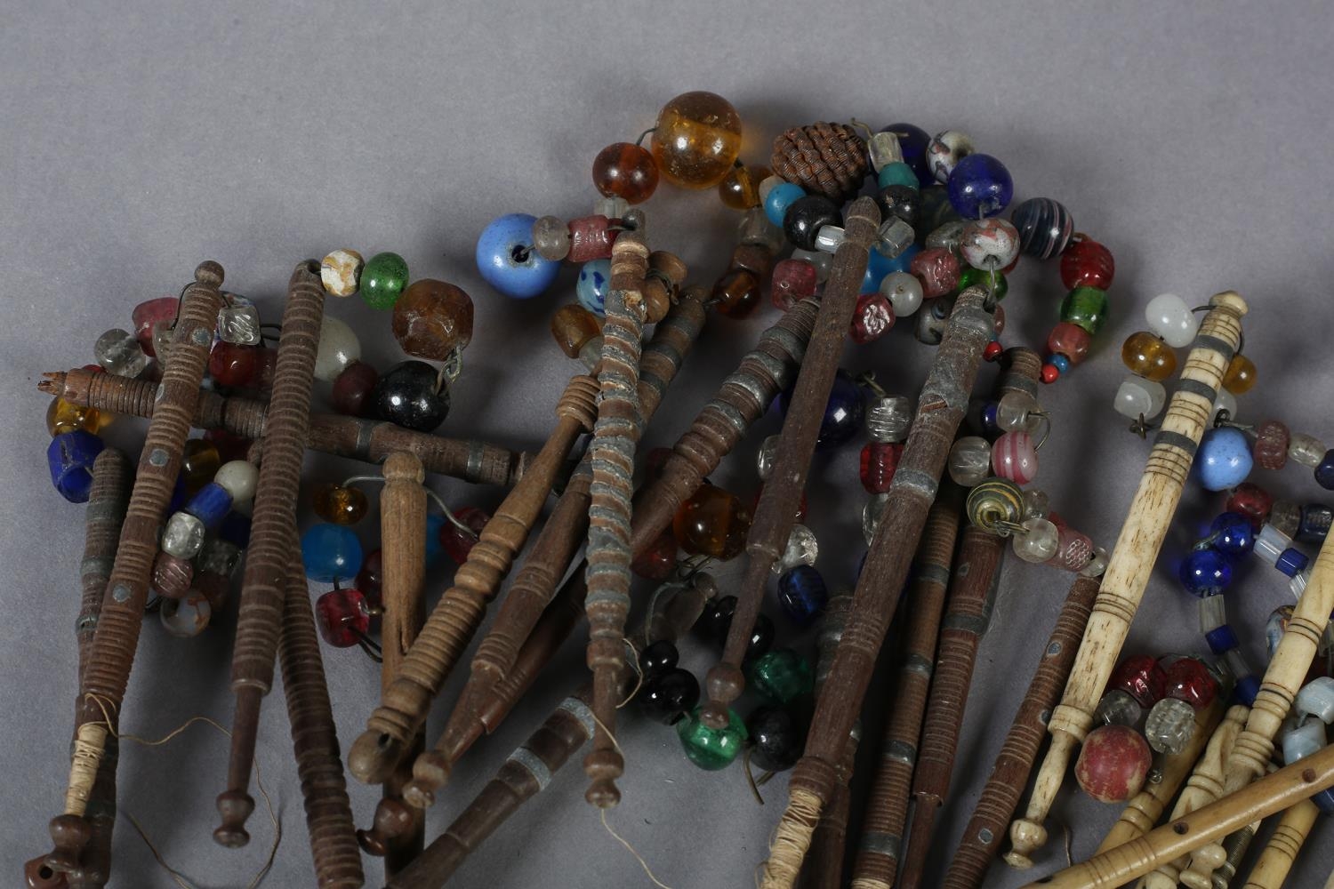 Lace bobbins, a quantity, a mix of turned wood with and without spangles, several with wire - Image 2 of 3