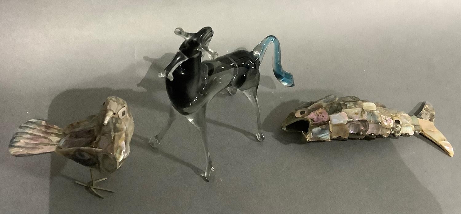 An Italian glass figure of a horse together with a abalone articulated fish and an abalone model - Image 2 of 2