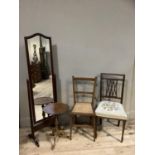 An Edwardian mahogany bedroom chair, a bergere caned bedroom chair, a later tripod wine table and
