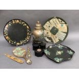 Decoupage decorated items including ginger jar and cover, lacquered powder boxes, trays, letter