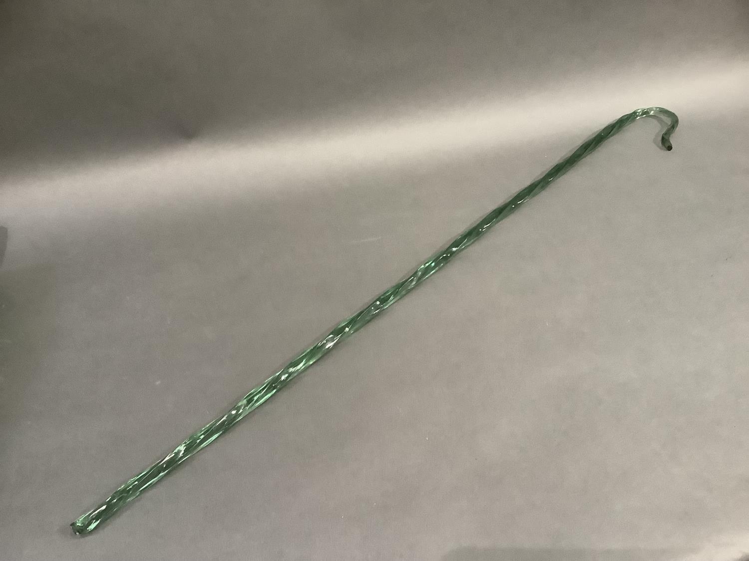 A 19th century Nailsea type green wrythern glass walking cane, 107cm long - Image 2 of 4