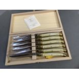 A set of six French steak knives with marble ffect and brass handles contained in a wooden case