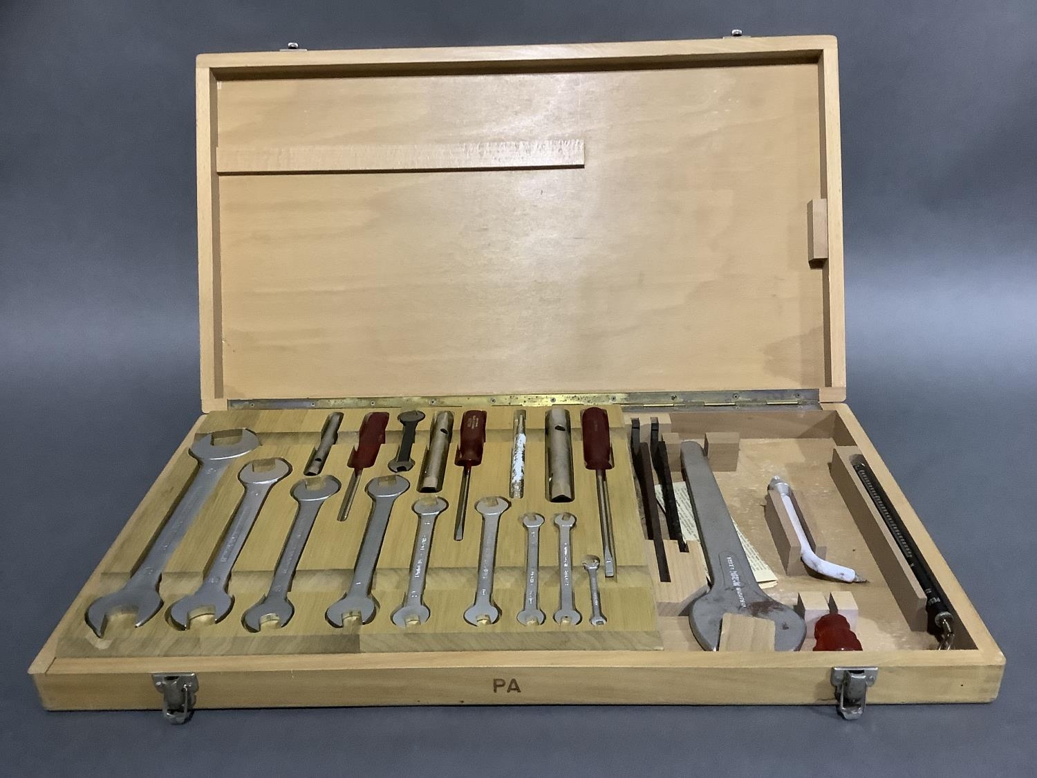 A German Saltus wooden tool case fitted with spanners in graduated sizes, screwdrivers, socket - Image 2 of 4